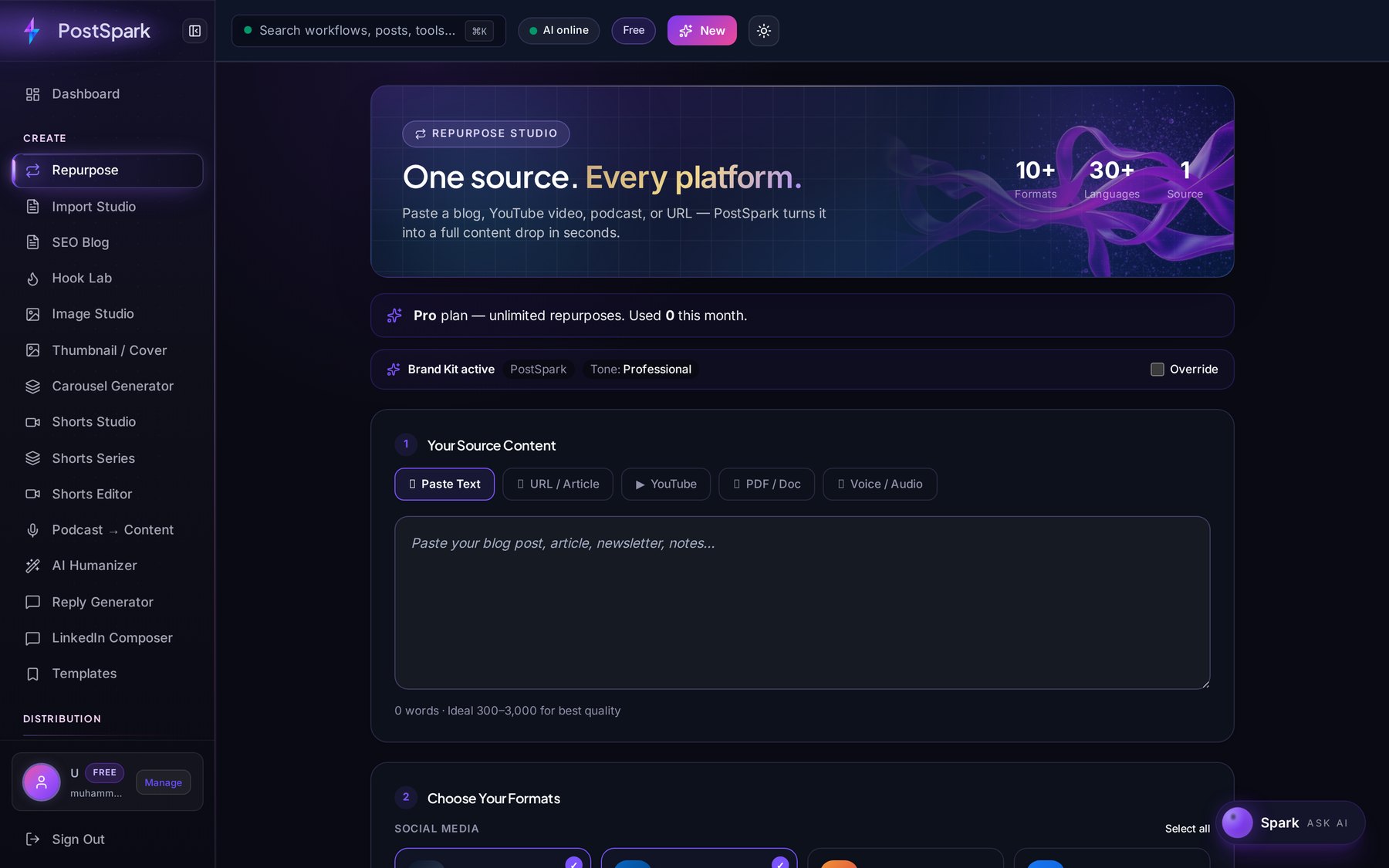 PostSpark import panel with source options